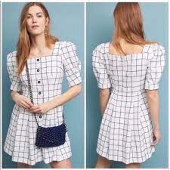 Gal Meets Glam Size 0 White Navy Blue Dawn Windowpane Dress Puff Sleeves Button - Picture 16 of 16